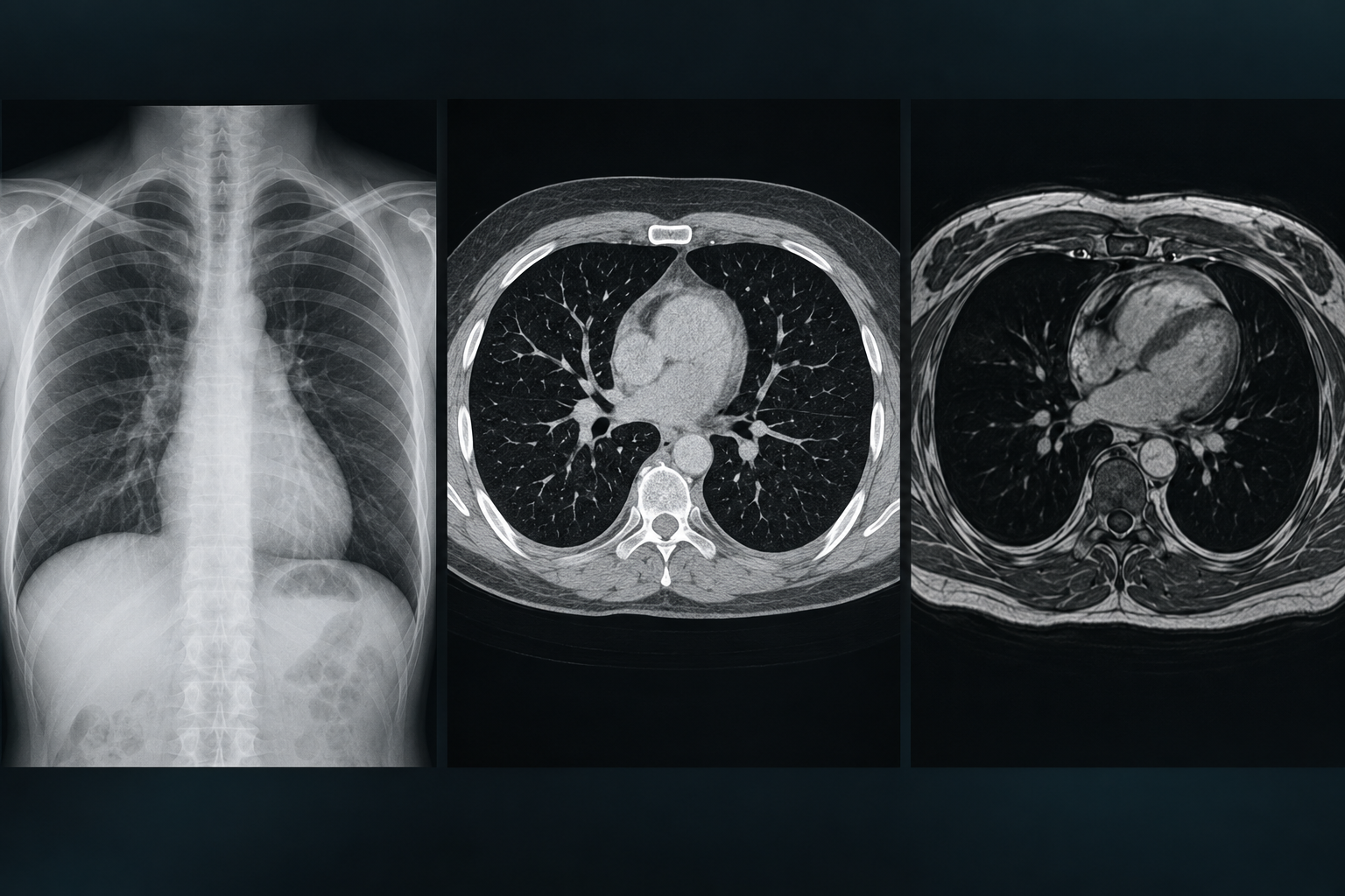 Synthetic chest imaging triptych showing a frontal X-ray and axial CT and MRI-style views